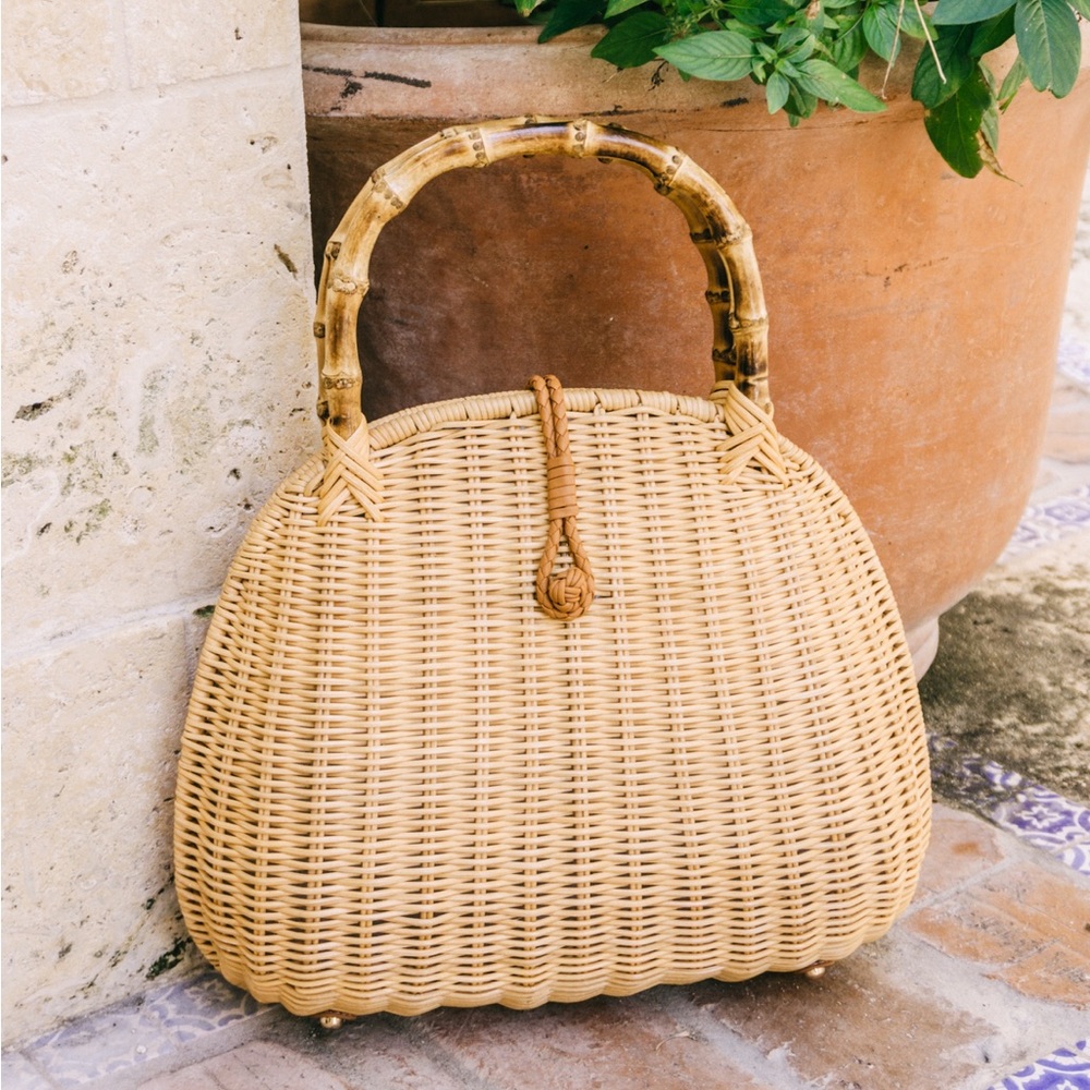 J. McLaughlin Wicker Top Handle Handbag with Bamboo Handle